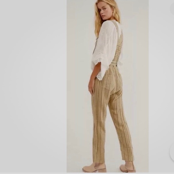 FREE PEOPLE -ONE BALLAST STRIPED GAUZE COTTON HOBO DISTRESSED OVERALLS J… - Picture 7 of 16
